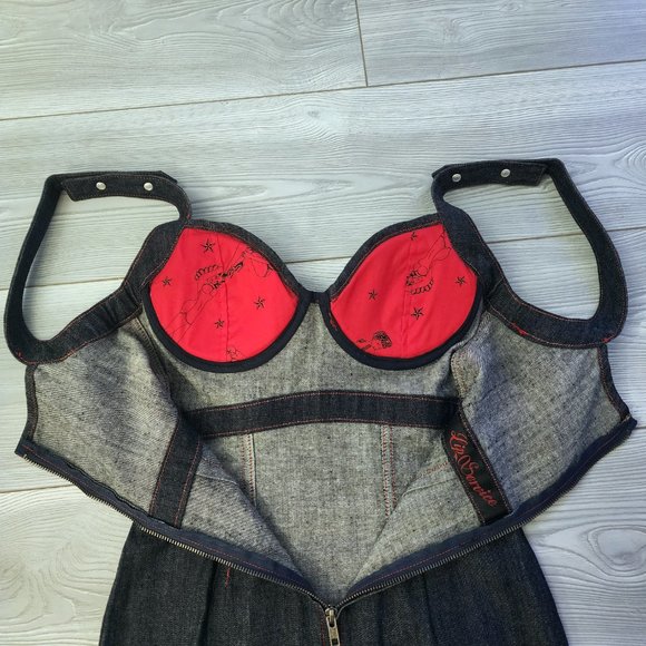 Rare Vintage Y2K Lip Service Rockabilly Rumble Denium Padded Bustier Dress - Picture 4 of 8